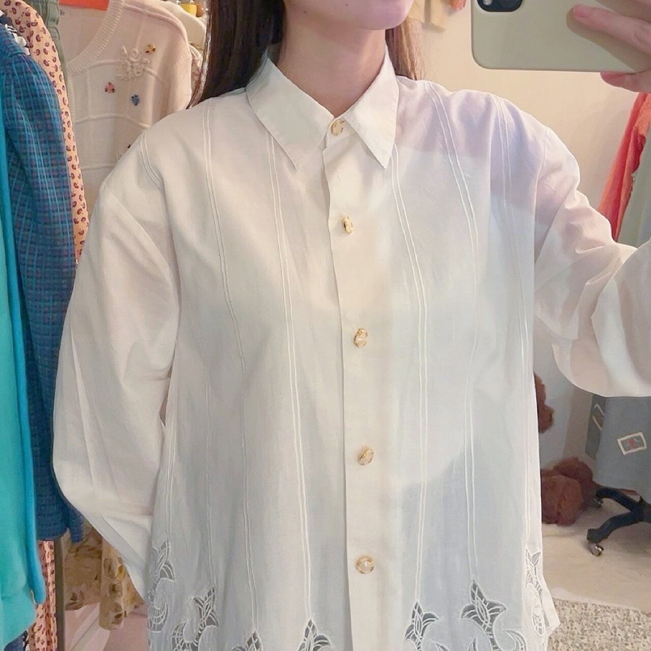 gold button hem lace blouse