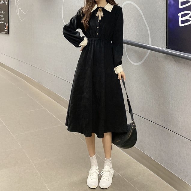 ワンピース シャツワンピース ミモレ丈 マキシ丈 長袖 無地 秋 冬