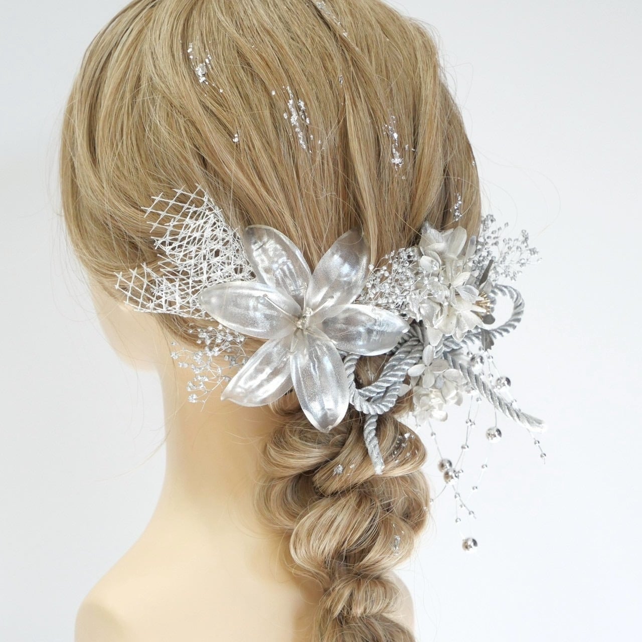 A490 リリー ドライフラワー 髪飾り シルバー 卒業式 袴 成人式 振袖 結婚式 和装