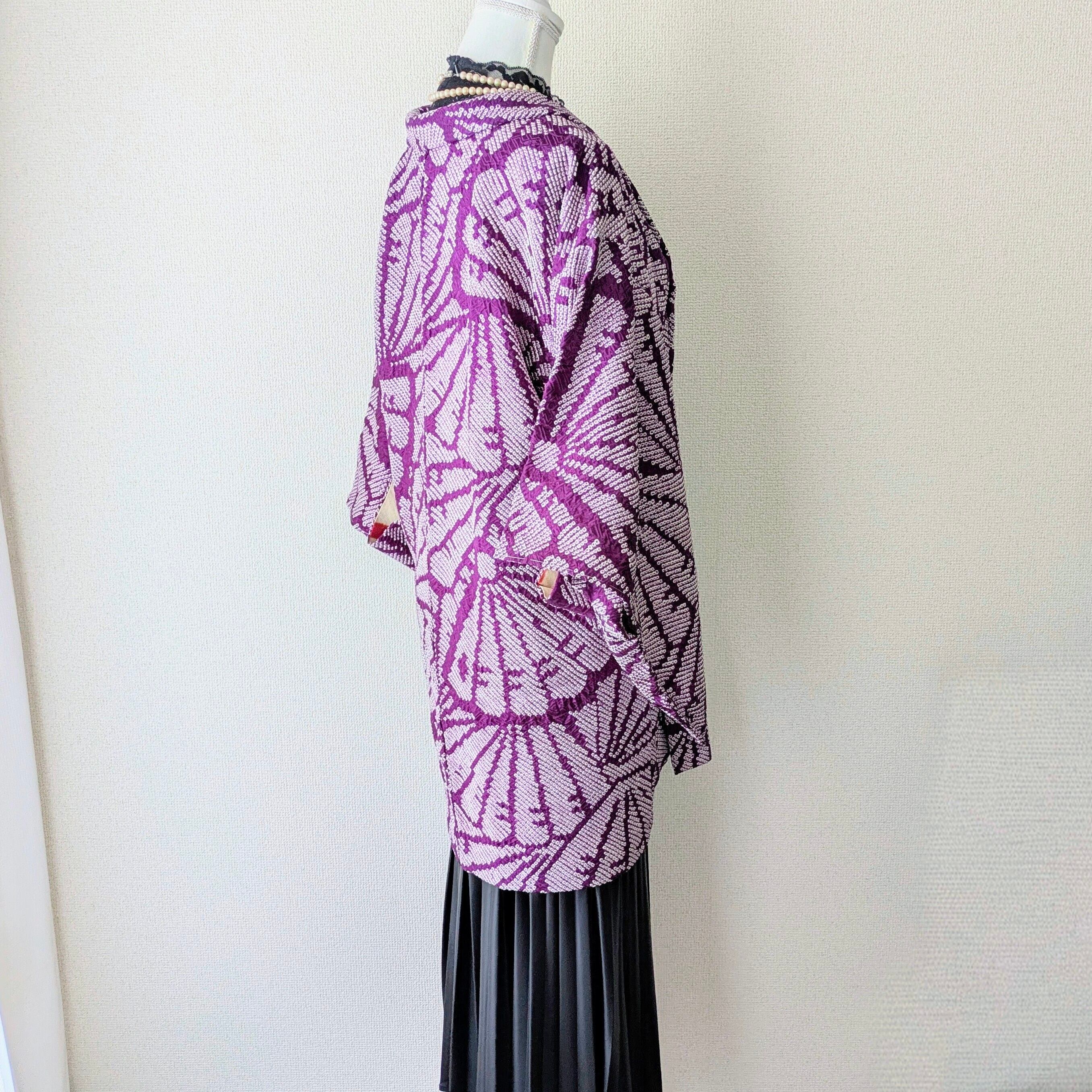 Vintage】HAORI 長羽織 羽織 正絹 総絞り 紫 扇柄 大正浪漫 古布 時代