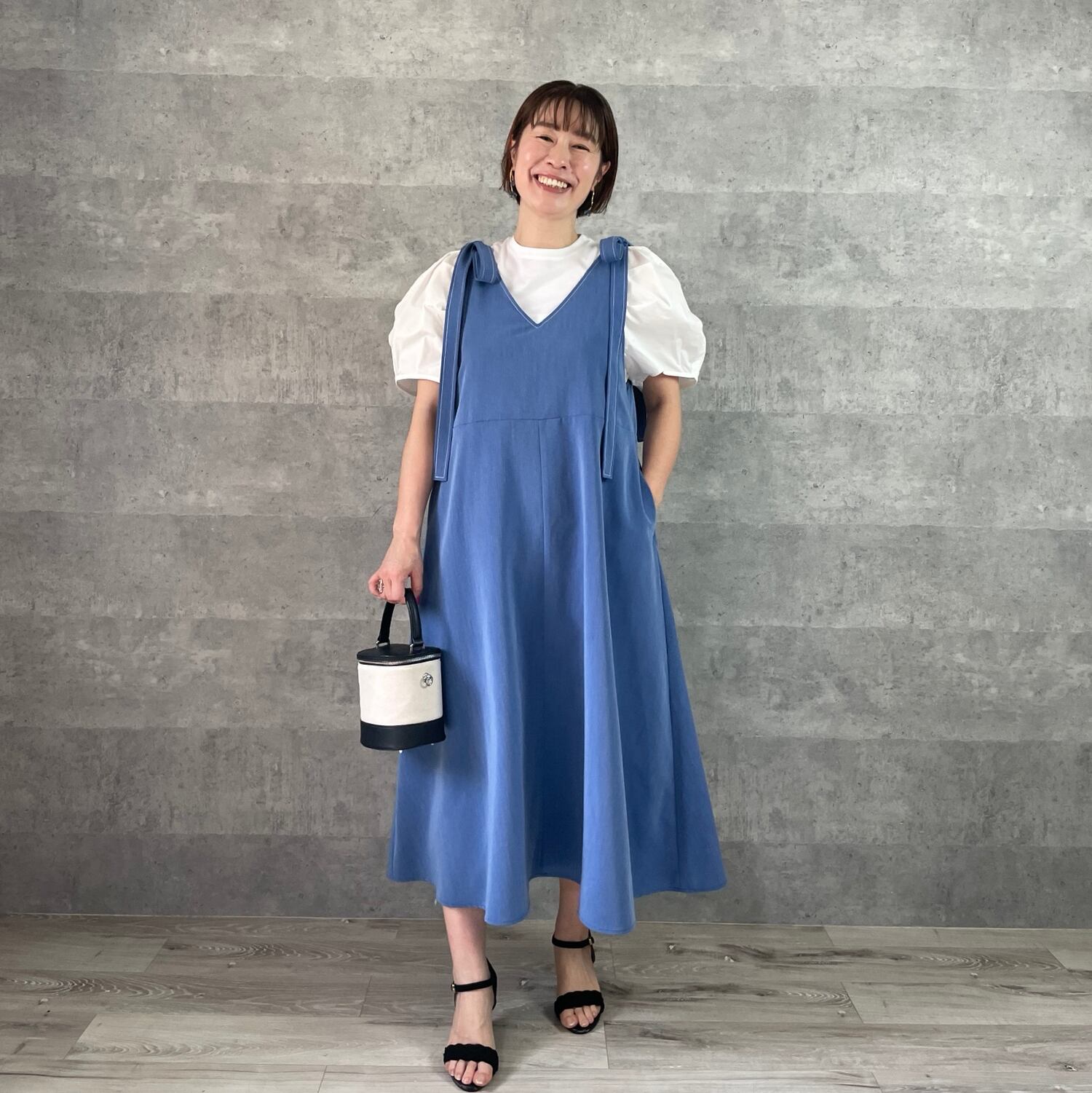 【USED】肩リボンオーロラワンピース　ライトブルー　ジャンスカ 新色ブルー♡1年中使える♡スラっと見え 外せる肩リボン2wayジャンパー