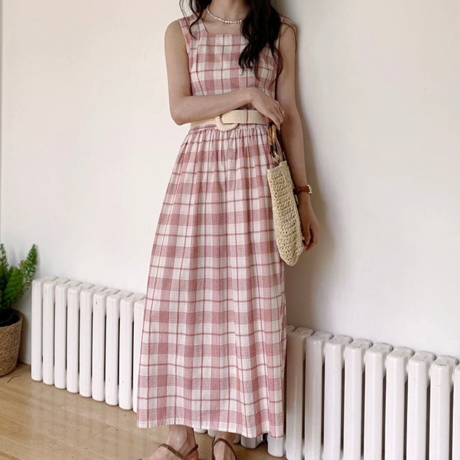 ベルト付き チェック柄 ロング丈ワンピース 00392
