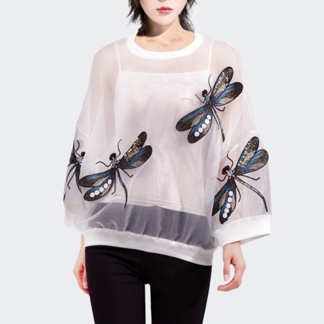 【TR1122】Dragonfly Embroidery Tops Shirts
