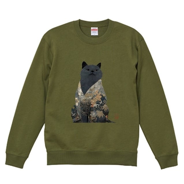「和の華、纏う猫 」スウェット リブ付/"Cat Wearing Japanese Flowers" Sweatshirt with Ribbed Detail