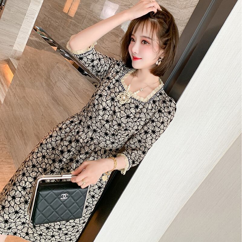 ジャカードカラーウェストドレス オータム 秋物 スクウェア MIUCO64417404297