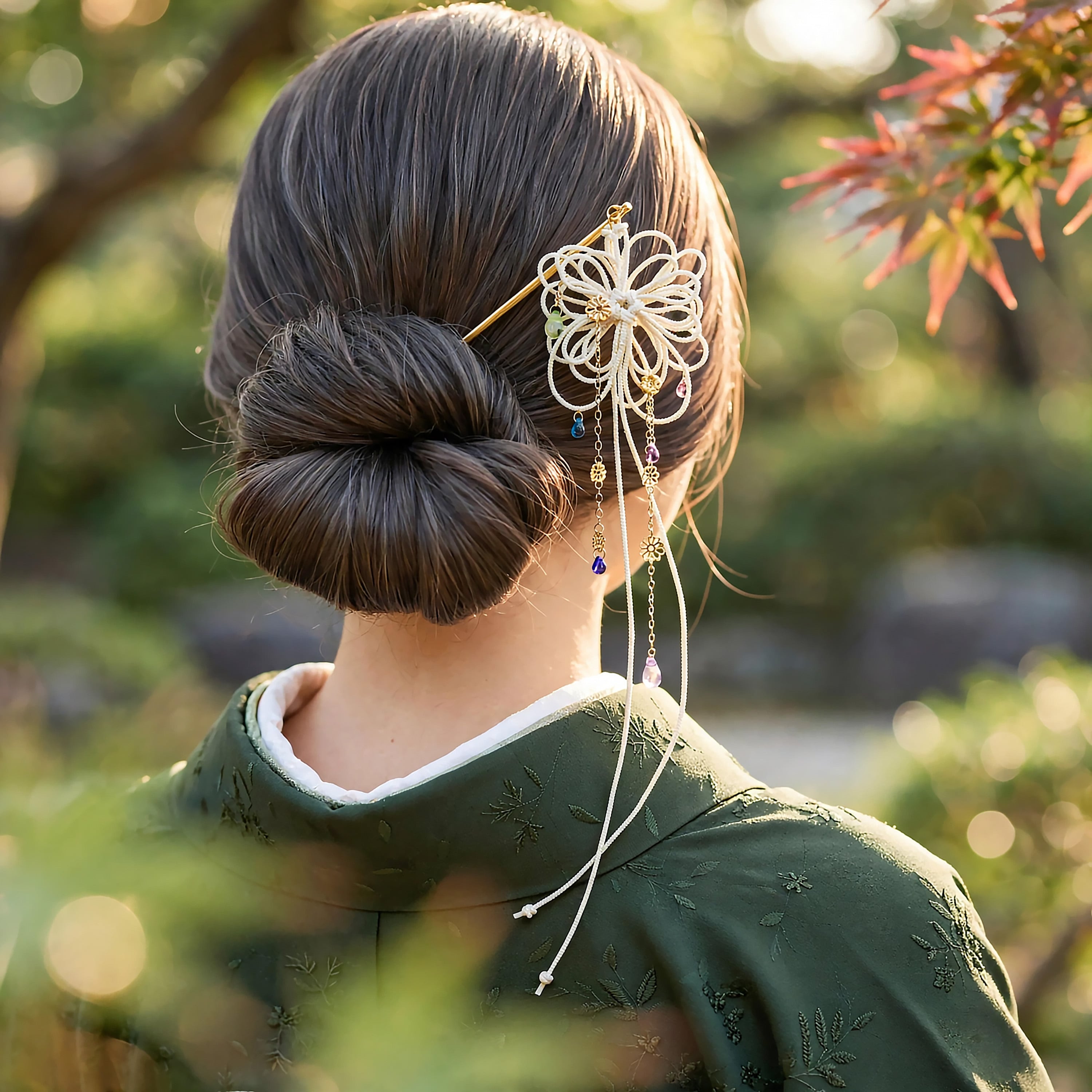 飾り結びかんざし「綾と瑠璃」【+チェコビーズ】浴衣・着物・フォーマルな和装ヘアに。