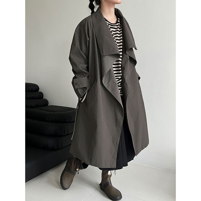 【スタンドカラーラップ風マキシ丈長袖コート 】P02138