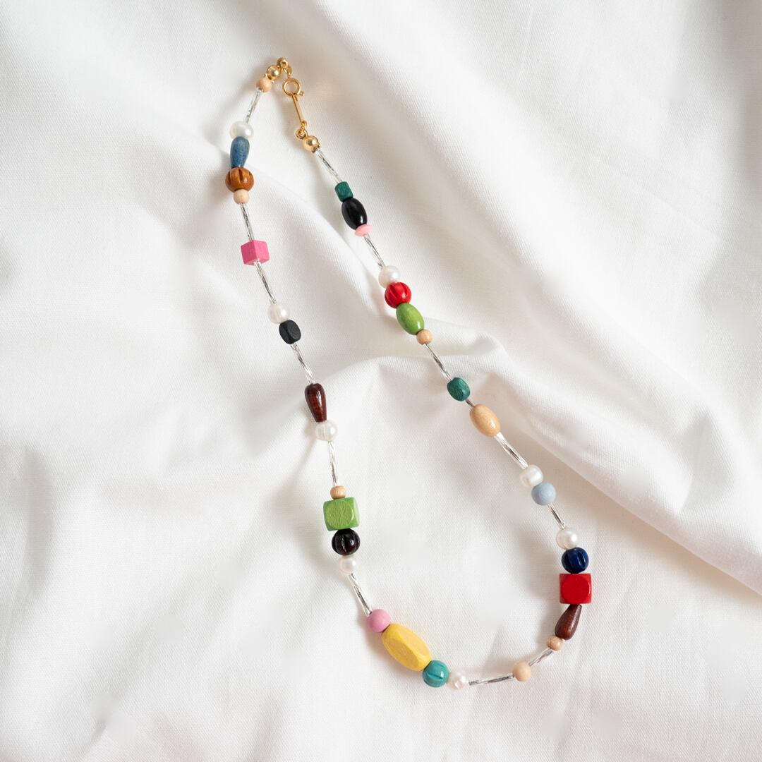 淡水パール/カラフルウッドビーズネックレス | Coral Color