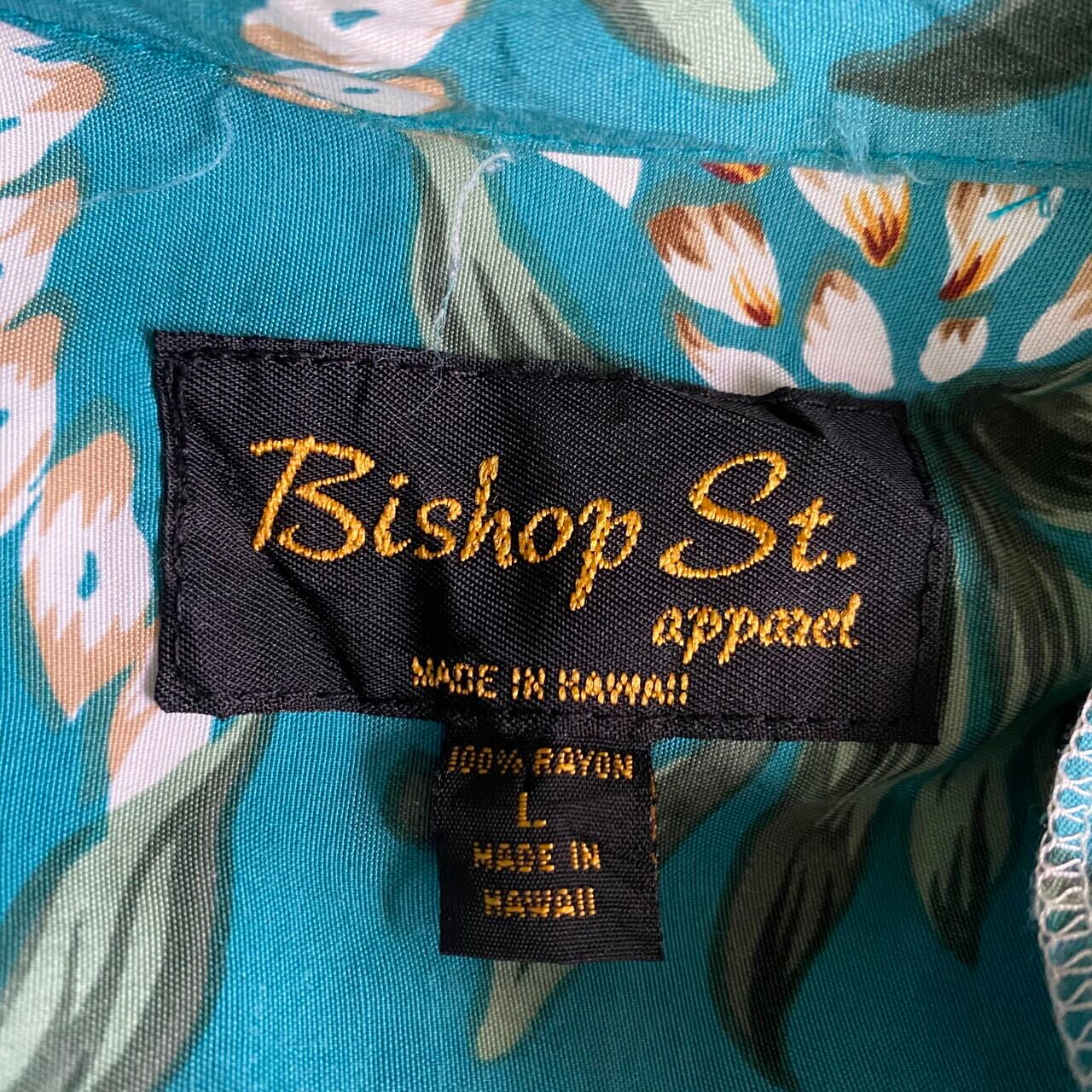 ハワイ製 St. apparel ビショップストリートアパレル 花柄 総柄 開襟 半袖 レーヨン アロハシャツ メンズL 古着
