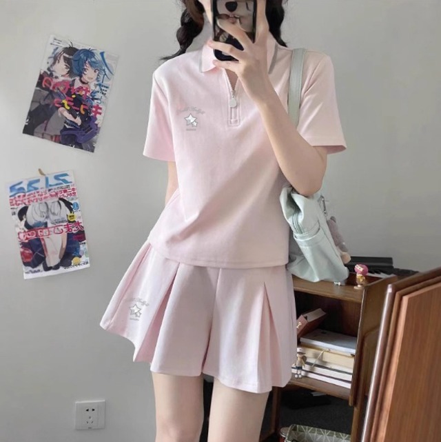ツーピース セットアップ レディース スカート トップス ポロシャツ ミニスカート ミニ ハーフジップ 半袖 襟付き ウエストゴム かわいい カジュアル おしゃれ ガーリー 存在感 ラブリー キュート アクティブ 星柄 ロゴ 春 夏 秋 ロングシーズン 学生 部活 公園 休日 スポーツ ダンス ランニング 韓国 オルチャン プレゼント 美脚 プチプラ モテ 清楚 インスタ映え S M L XL 小さいサイズ 大きいサイズ カラバリ ホワイト グレー ピンク アプリコット ネイビー ベーシックカラー