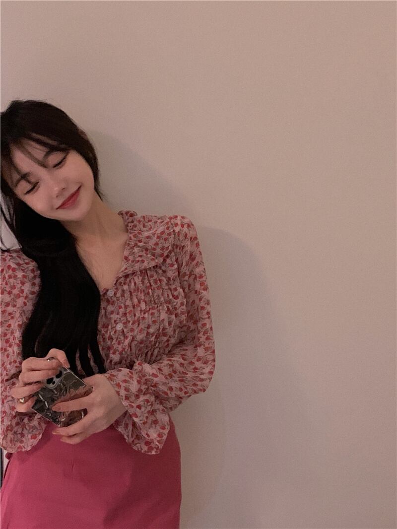 シフォンシャツ フローラル薄手サマートップス ロング 夏物 花柄 ブラックストロベリース5834671910