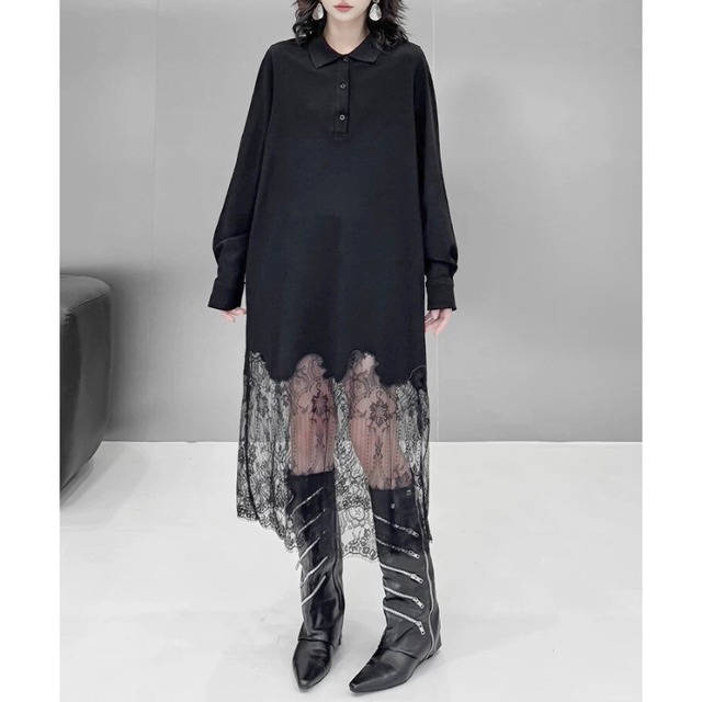 Black lace hem shirt dress C1269