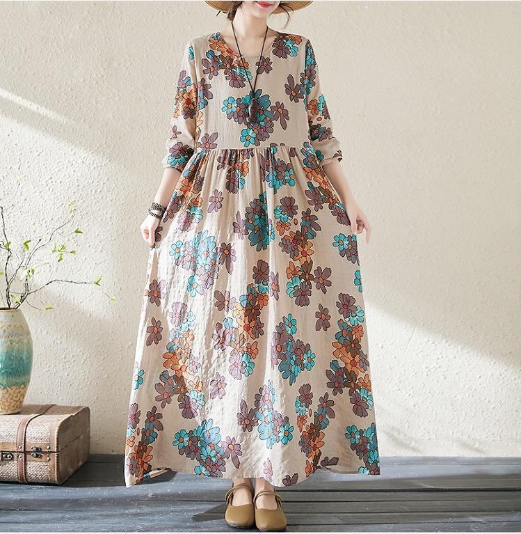 大きいサイズ】 レディース ロング ワンピース 春夏 秋 新品 長袖 花柄