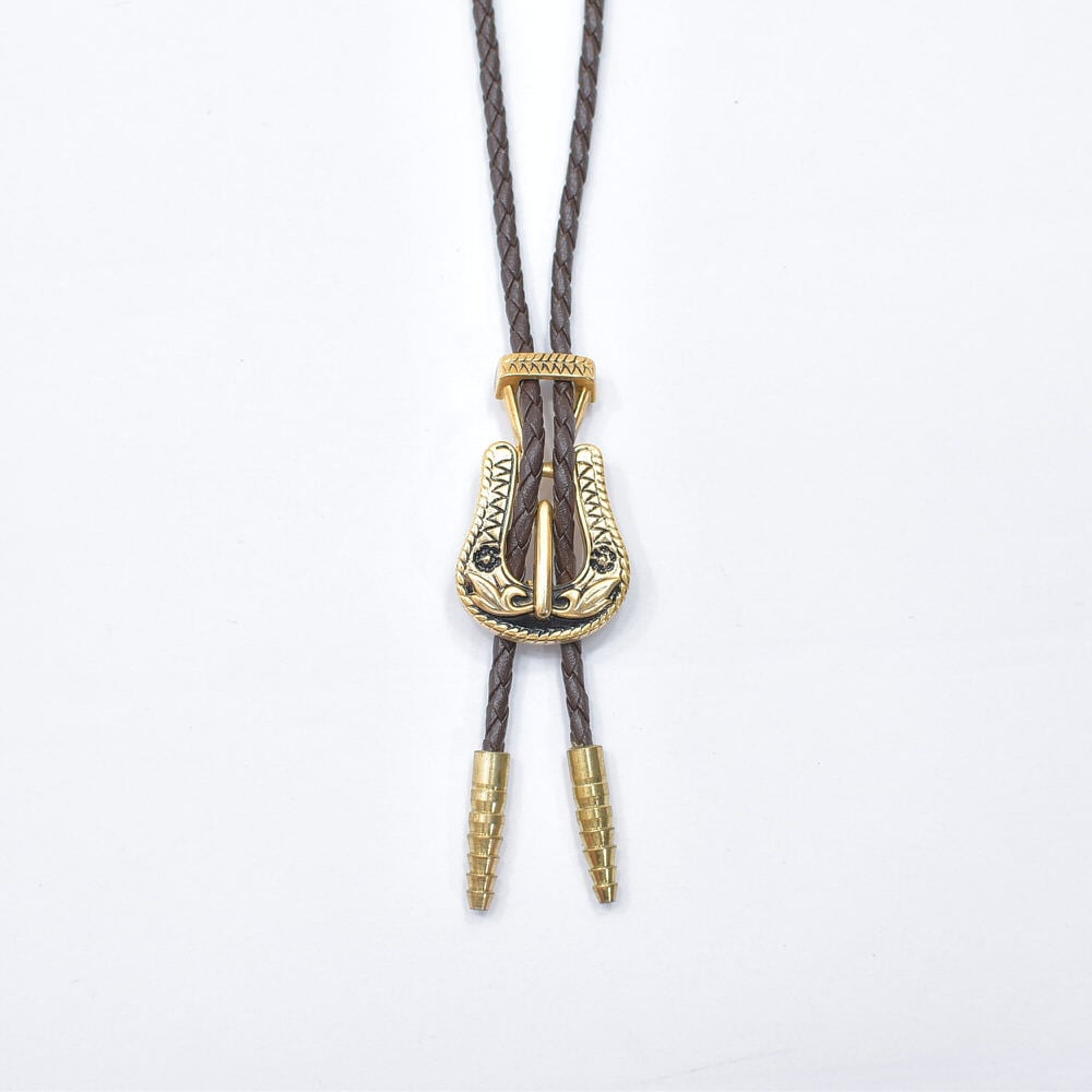 Used 彫刻 バックル デザイン ウエスタン ループタイ ボロタイ ホースシュー ダークブラウン ゴールド ヴィンテージ ビンテージ 古着 メンズ