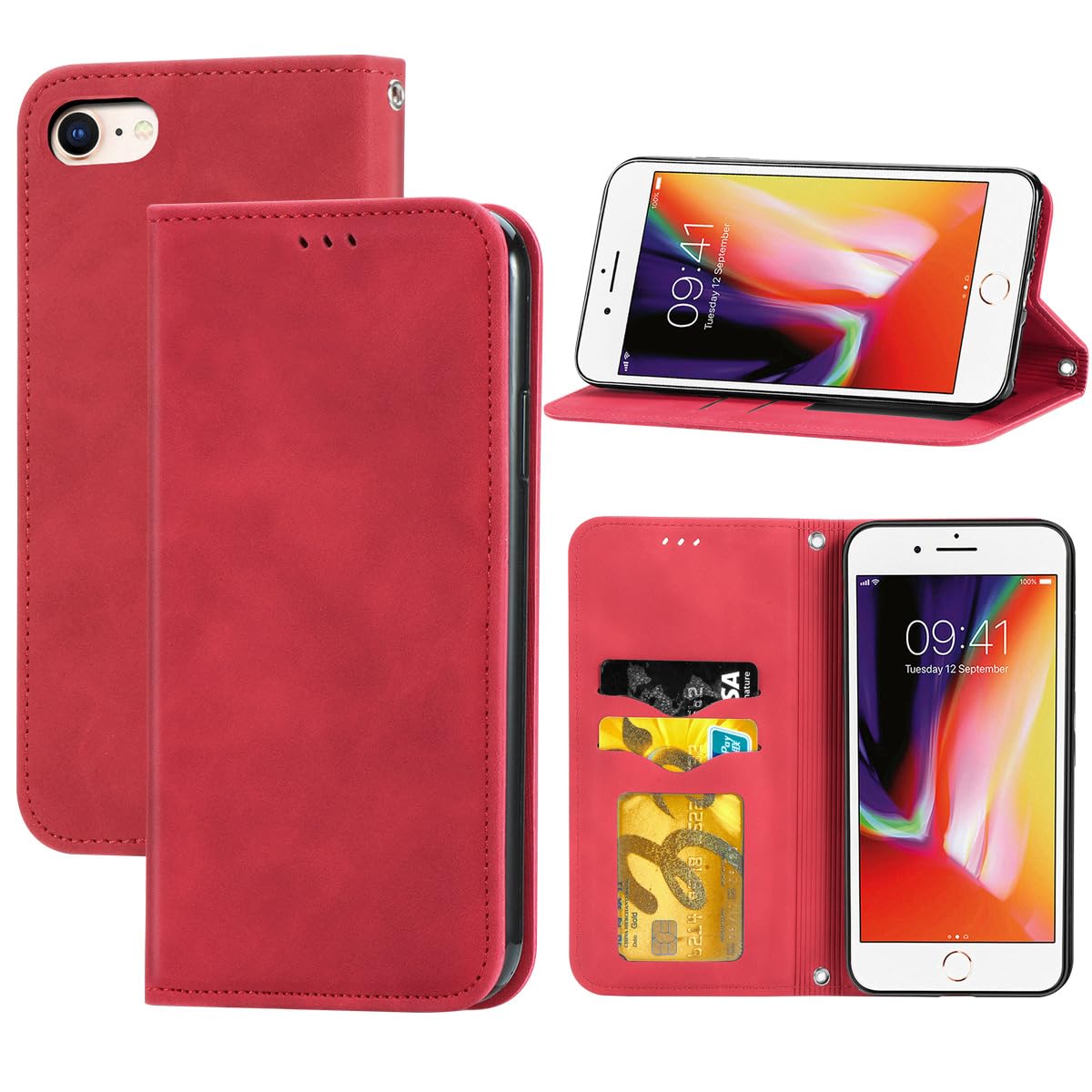 Wekrsu ケース iPhone SE3/SE2 用の ケース 手帳型 アイホンse3 se2 手帳型ケース アイフォンse3 あいほんse2 カバー 多機能 財布型 カード収納 スタンド機能付き 360度保護 耐衝撃 携帯カバー 6色 WEKIPSE3PT (レッド)