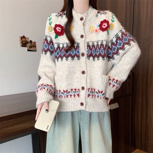 フラワーモチーフノルディックニットカーデ ・73760