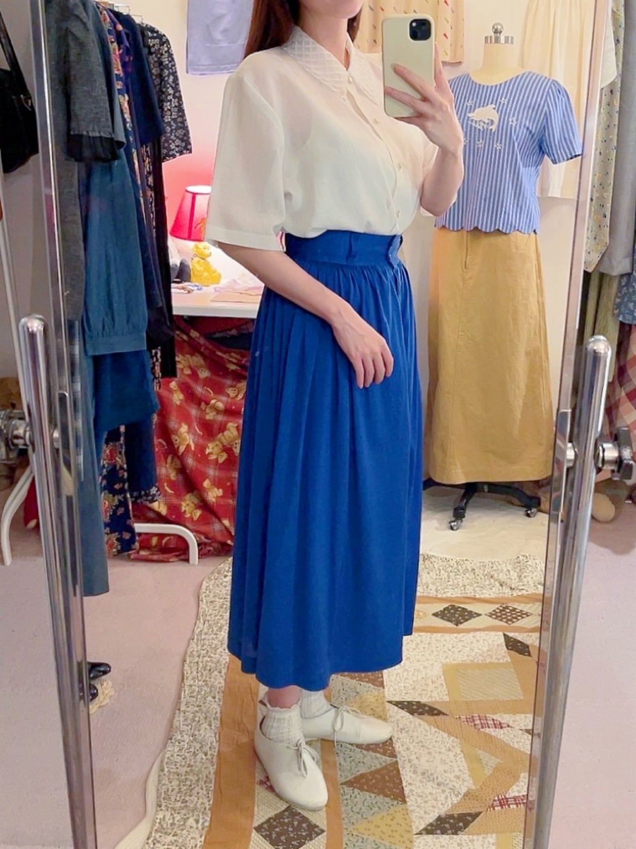 renoma / blue front button gather skirt