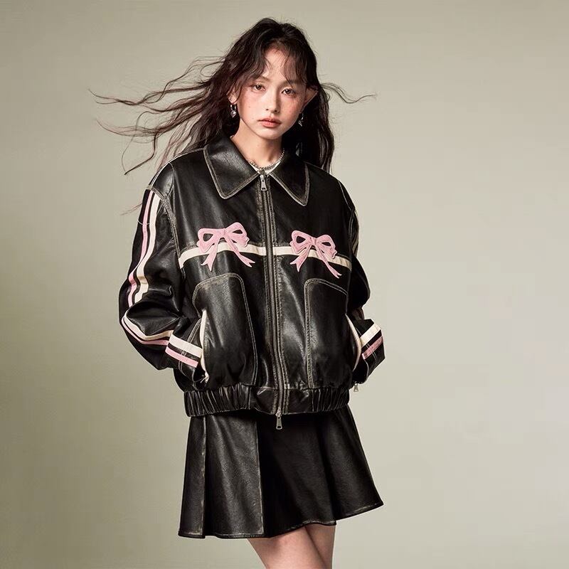 ジャケット ブルゾン コート 革ジャン リボン レザー pu ピンク 赤 花