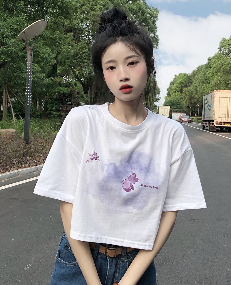 Tシャツ サマースタンダードプリントルーズクロップトップ トップス レトロ 大人ガーリー スウィート キュート カジュアル 夏物 YY-ファッション69952729445