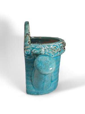 ヴィンテージ雑貨 陶器製 プランター ターコイズブルー（じょうろ型 壁掛けタイプ）