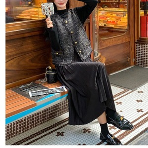 ゴールドボタン ミドル丈 ツイード ベスト W01400