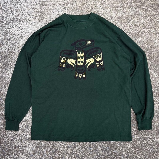 【XLサイズ】USA製 90's カナダ先住民族 サンダーバード "エモい"柄 古着 ロングスリーブTシャツ
