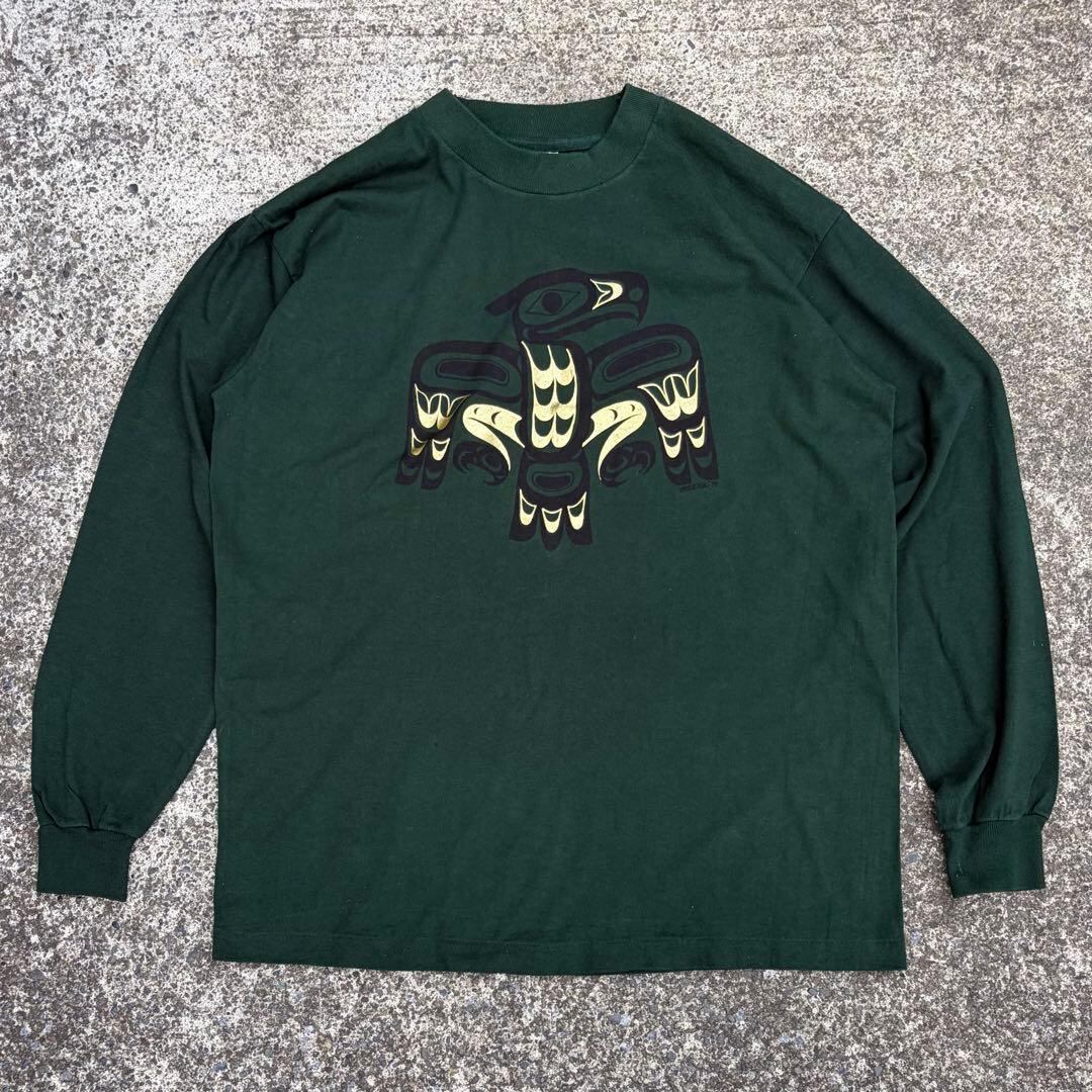 【XLサイズ】USA製 90's カナダ先住民族 サンダーバード "エモい"柄 古着 ロングスリーブTシャツ