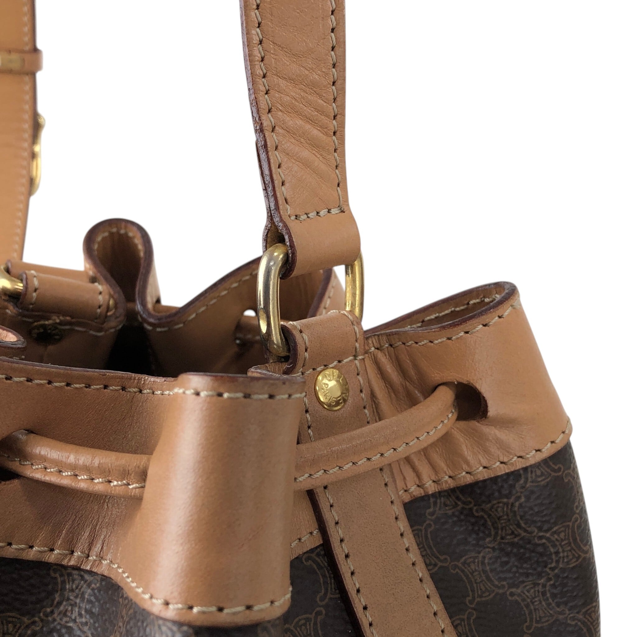 ヴィンテージ☆CELINE☆ショルダーバッグ☆巾着☆マカダム☆レザー☆ブラウン！ CELINE セリーヌ マカダム ショルダーバッグ ブラウン ブラゾン型押し