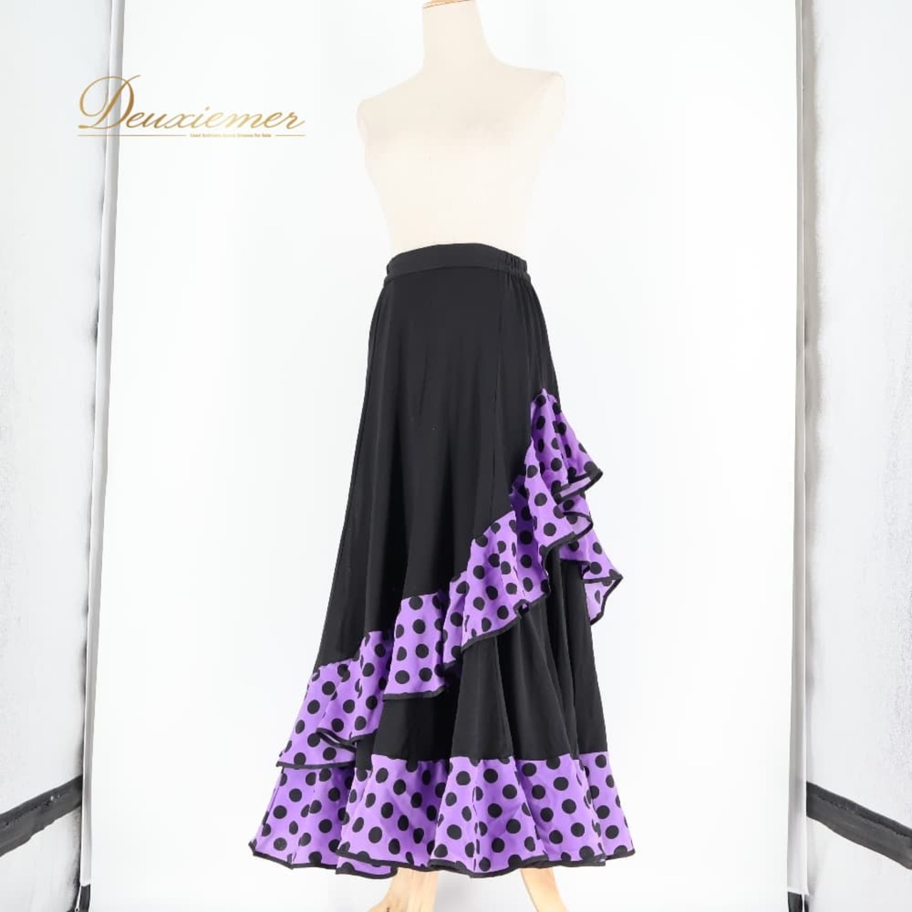 フラメンコ 衣装 ファルダ スカート ブラック系 パープル系 黒 紫 プリマブティック prima boutique ボランテ フリル 水玉 ドット レッスン 練習着 ダンス パーティ 発表会 レディース 練習用 レッスン用 発表会用 ダンス衣装 舞台衣装 水玉柄 かわいい