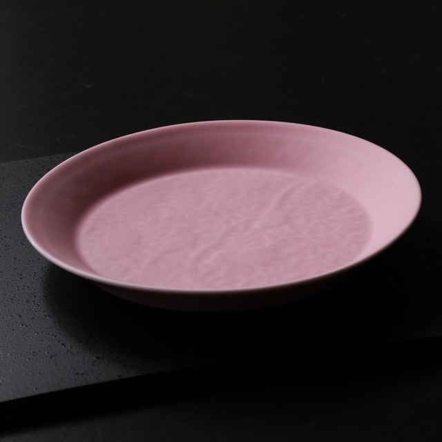 有田焼　ピンクブラスト　鳥に柘榴彫　5.5寸皿