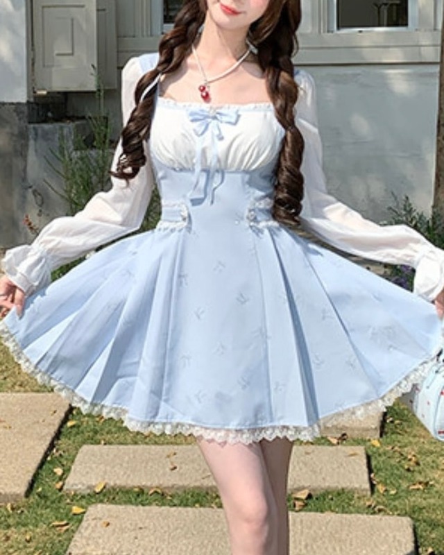 リボンパターンフリルプリーツワンピース（ショート、ロング） 2508516