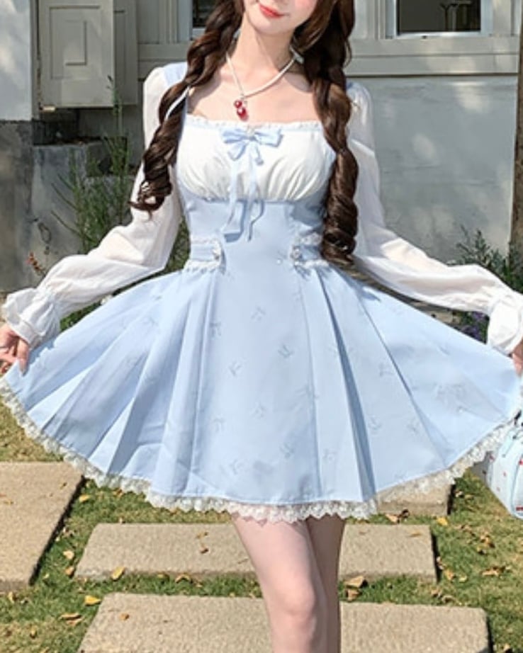 リボンパターンフリルプリーツワンピース(ショート、ロング) 2508516