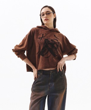 [PRENDA] BALLET RIBBON ACID WASH CROP HOODIE BROWN