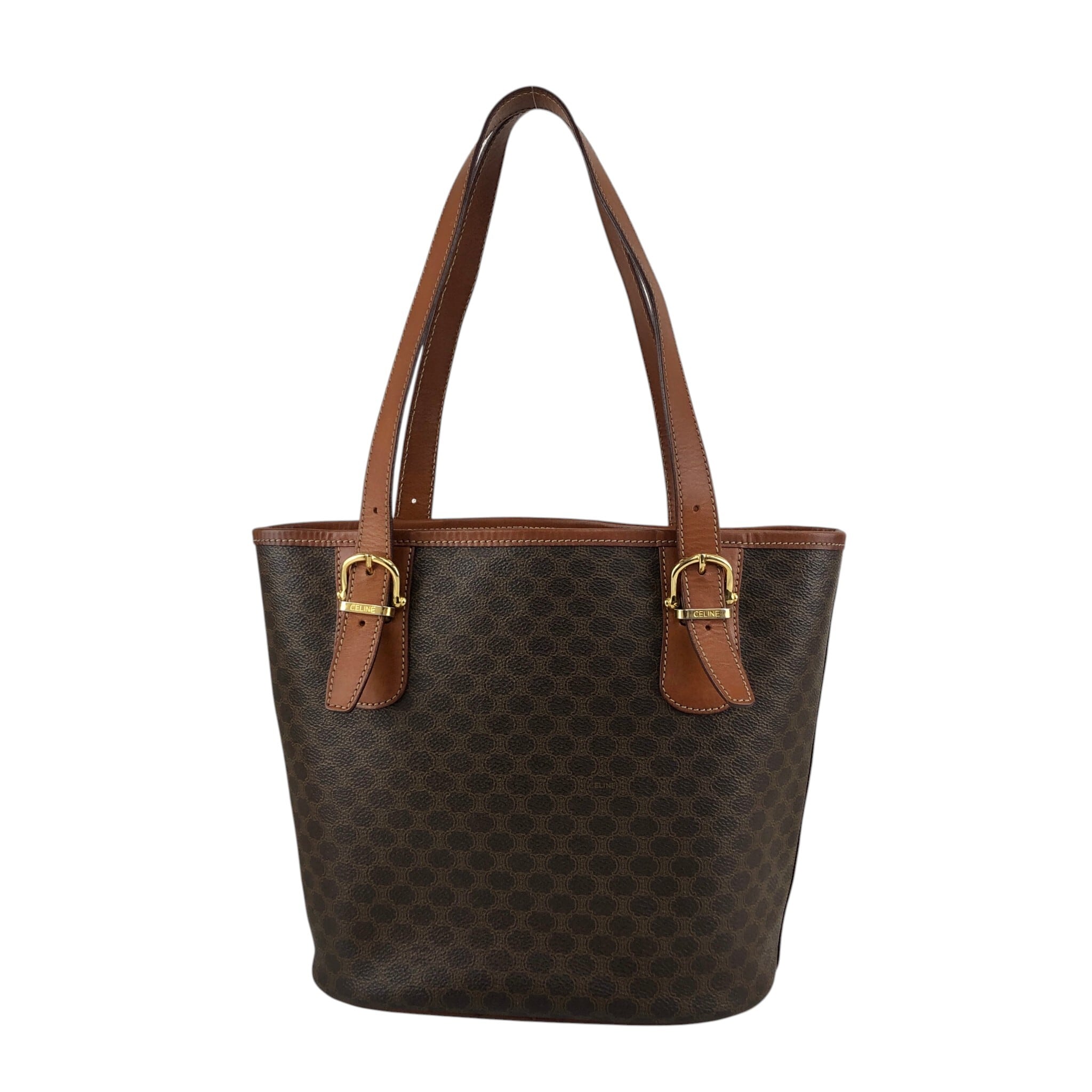 セリーヌ マカダム柄 ハンドバッグ レザー ブラゾン PVC 茶色 CELINE セリーヌ マカダム ハンドバッグ ブラウン ブラゾン型押し PVC