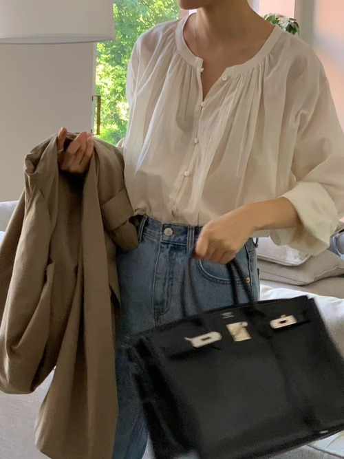 (OUNCE) soi round shirring blouse / 2color