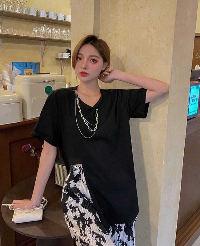 Tシャツ サマーチェーン ルーズブラックトップス 大人ガーリー スウィート キュート カジュアル 夏物 ブラックストロベリース90025720823