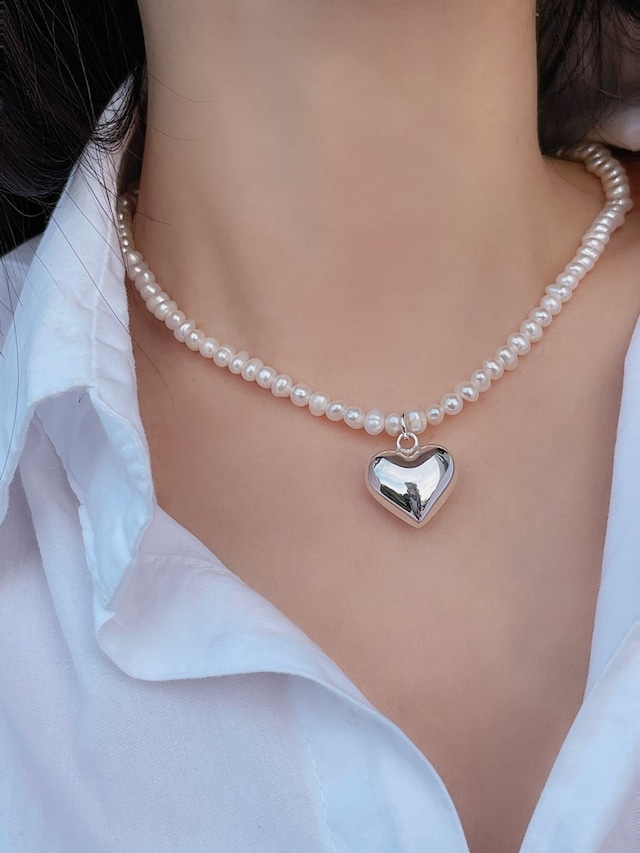 Metallic heart & Pearl neck（Silver 925）
