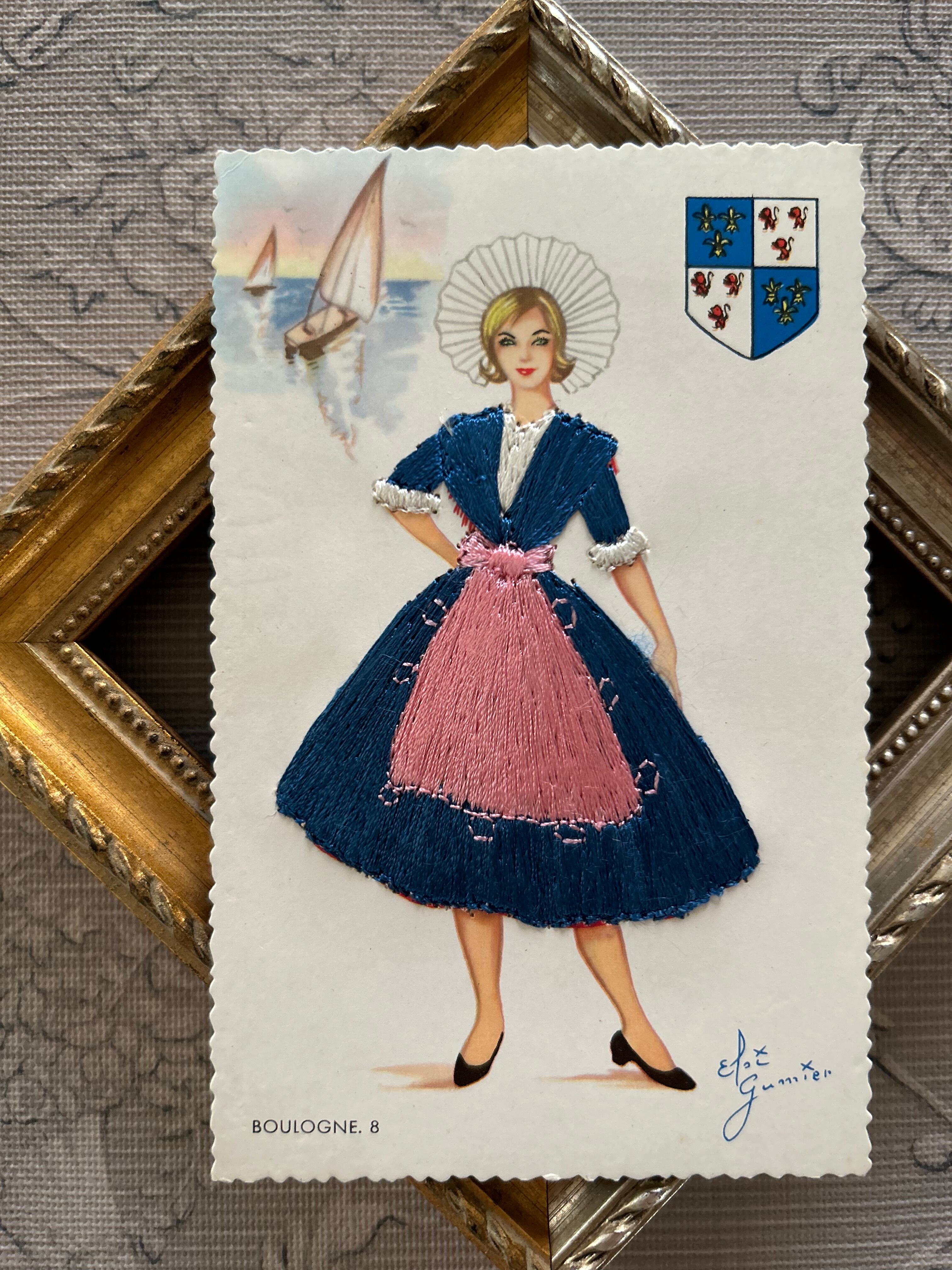 SALE フランスVintage ポストカード ブローニュ BOULOGNE フランスの地方の衣装 刺繍 額装 インテリア小物 撮影小物