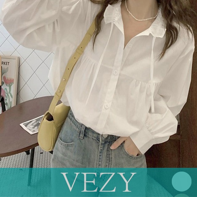 フリル衿ブラウス 長袖タックシャツ韓国風 大人可愛い ボリューム袖シャツ レディースおしゃれ キレイめトップス リボンブラウス ゆったり 体型カバー春秋服 着やせ シャツ VEZY ベジー  ItemNo.【23168108】