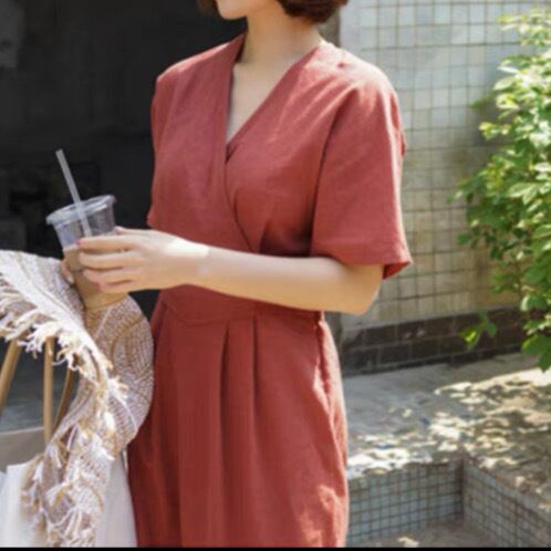 【Le choix de Wakako】Vネックコットンリネン(ラミー)ドレスop-431804