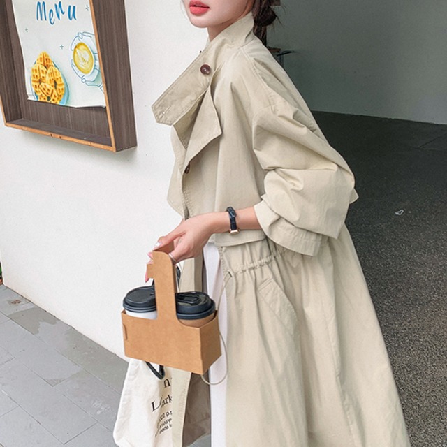 Stand collar drawstring trench coat A951