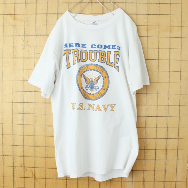90s USA製 JERZEES HERE COMES TROUBLE U.S.NAVY プリント 半袖 Tシャツ ホワイト メンズL アメリカ古着  041223ss16 | 古着屋ataco garage