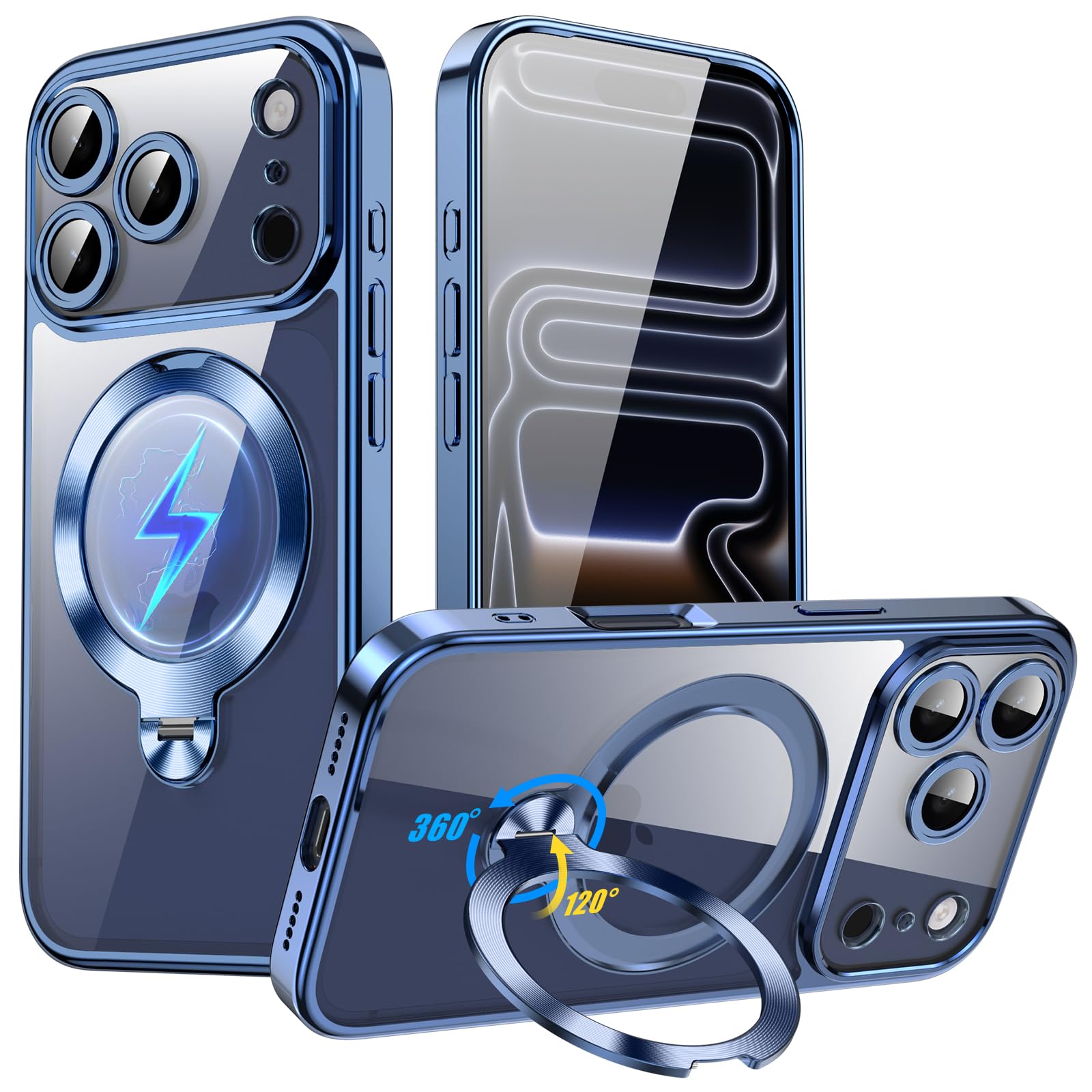 LNOLON iPhone 17 Pro 用 ケース MagSafe対応【CD模様リング 360° 回転スタンド付き・縦横両対応】メッキフレーム クリア背面 黄ばみ防止 レンズ保護 ワイヤレス充電対応 米軍MIL規格 耐衝撃 アイフォン17 Pro 用 ケース ストラップホール付き (ブルー)