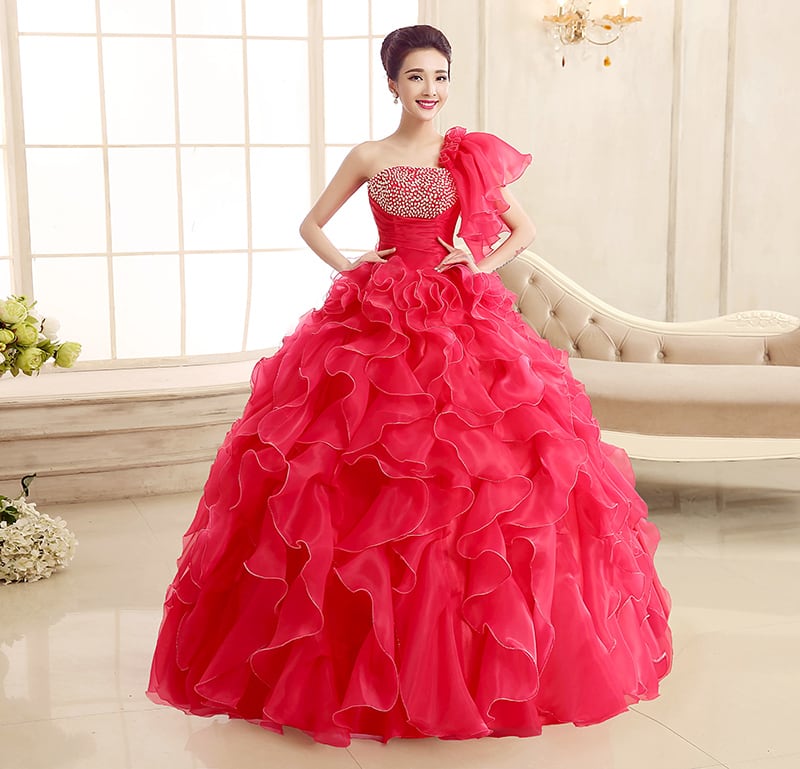 カラードレス ロングドレス 赤 ピンク レッド ワンショルダー 結婚式