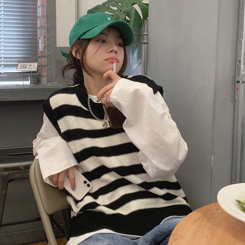 ストライプニットスプリングオータムノースリーブ レッド 春物 秋物 試着室41726513021