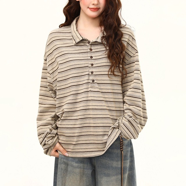 レトロボーダーヘンリーネックポロロングスリーブTシャツ 2col R02518