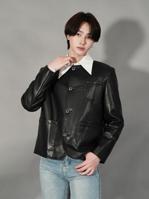 【ALUDE SELECT】silver button frame pu leather jacket