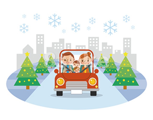 イラスト素材：ドライブを楽しむ家族/年末・冬（ベクター・JPG）