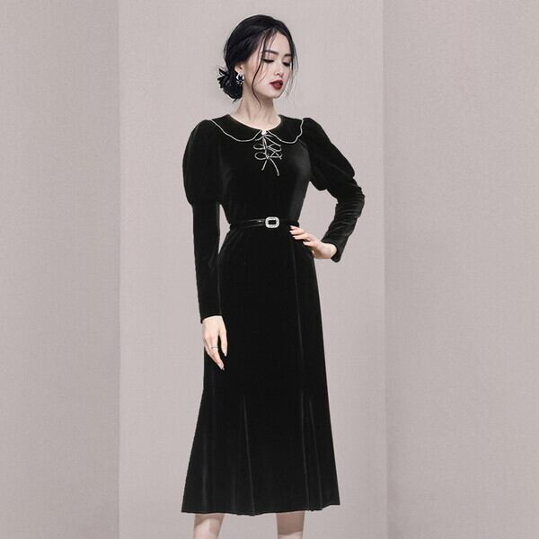 新作 21年 ベロアワンピース ベルベット ワンピースドレス 冬ワンピース 冬服 ワンピース 大人ワンピース冬 ワンピース 長袖 長袖ワンピース フレアワンピース ワンピース フレア ミモレ丈ワンピース 膝下ワンピース ハイウェスト 体型カバー 着痩せワンピ リボン