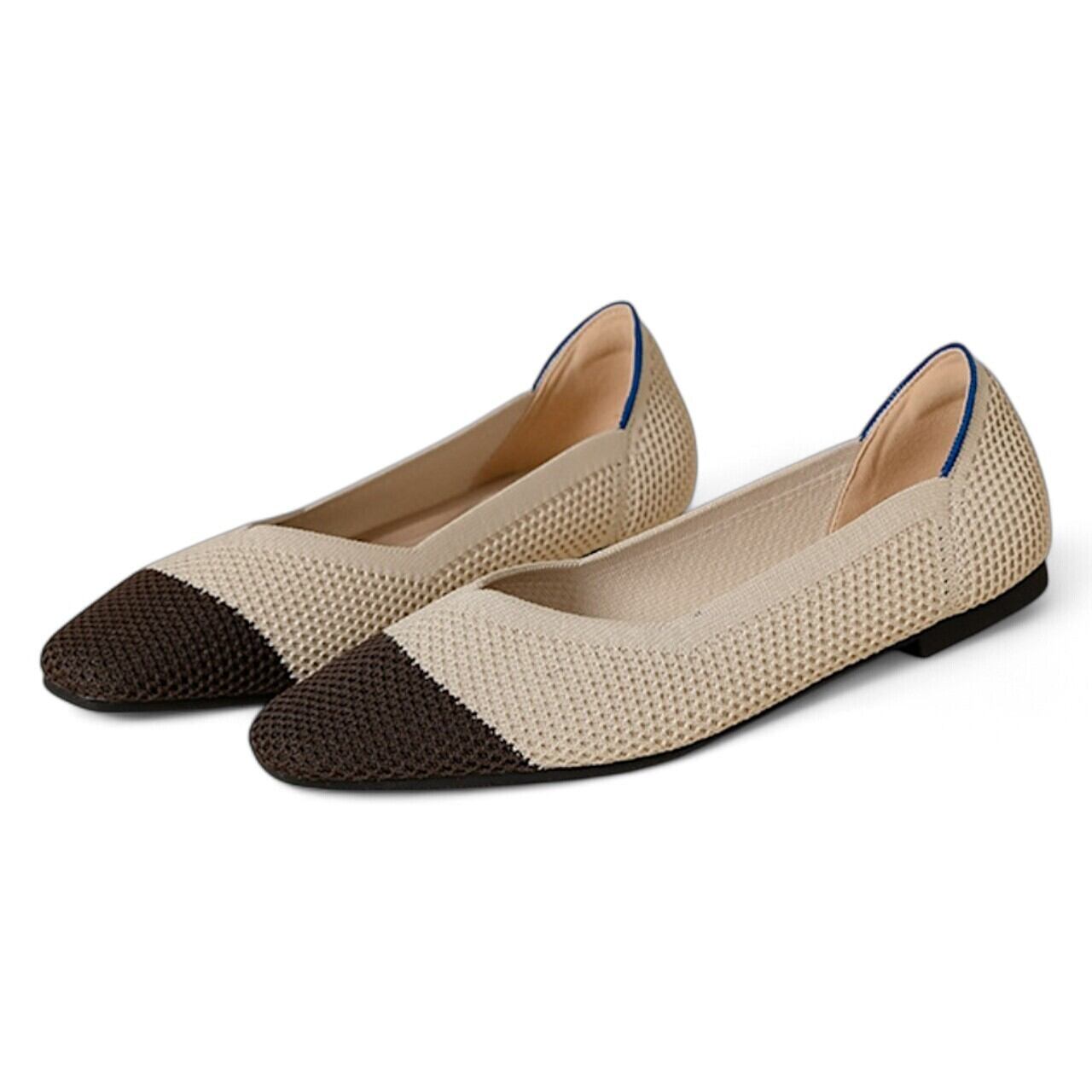253-S-2 ニットフラットシューズ ベージュ×ブラウン Knit flat shoes Beige × brown